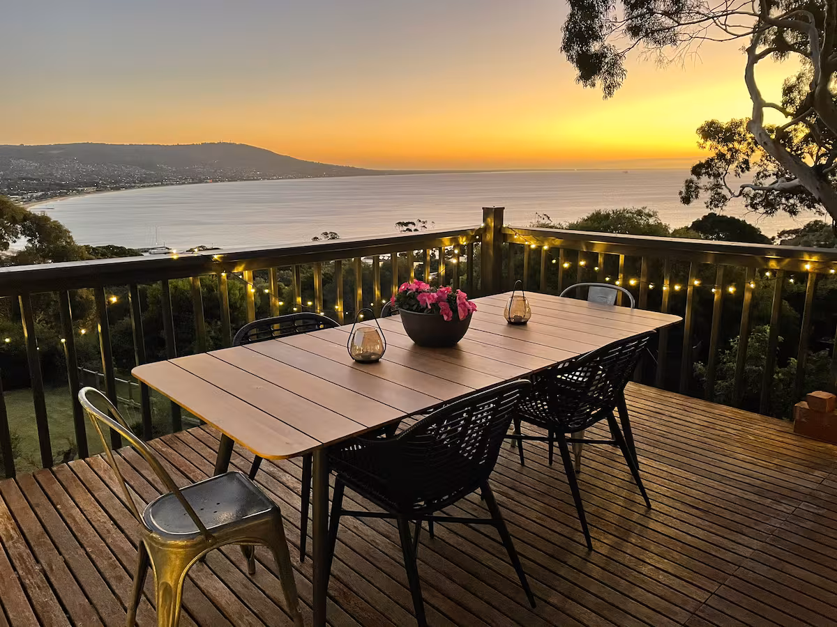 Panoramic sunset view over the bay from the Mar Vista deck in Mount Martha